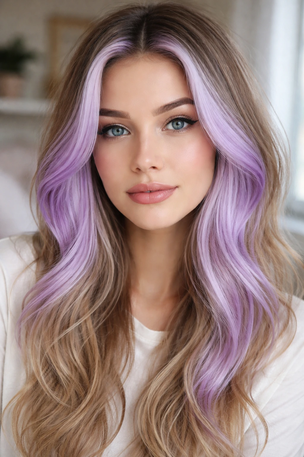 Face-framing pastel purple money piece on a real person