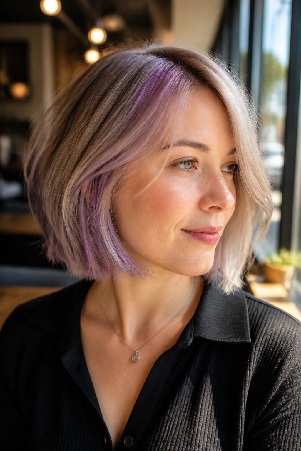 Close-up portrait of a woman with pastel purple peekaboo underlayers in a chin-length bob
