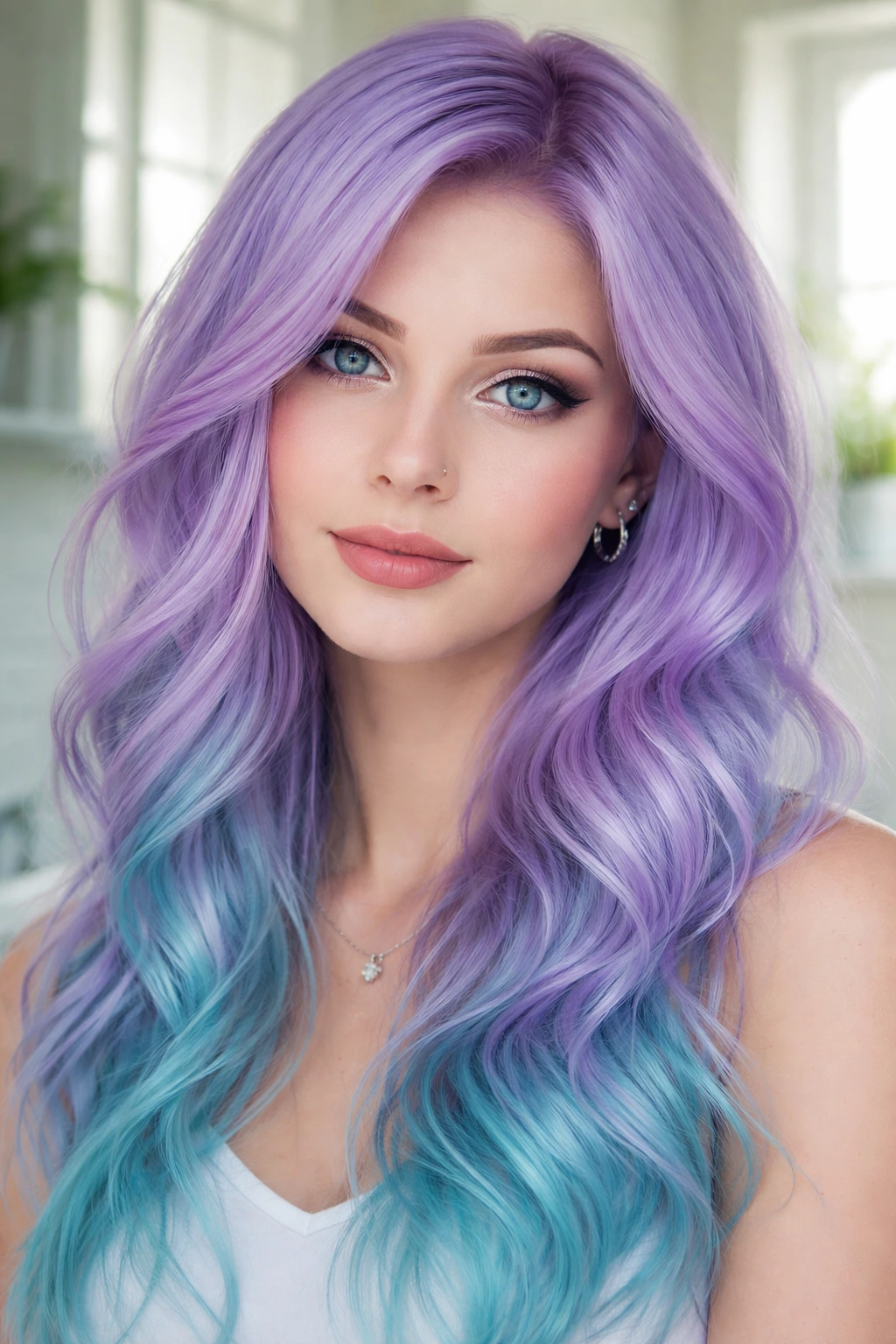 Pastel purple hair with teal undertones on real person