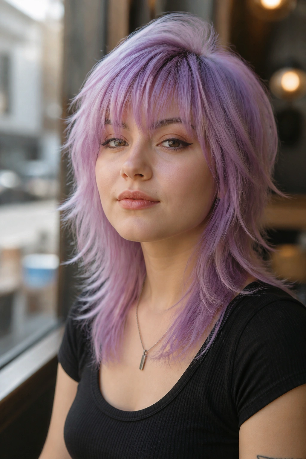 Real person with pastel purple wolf cut in an urban cafe setting