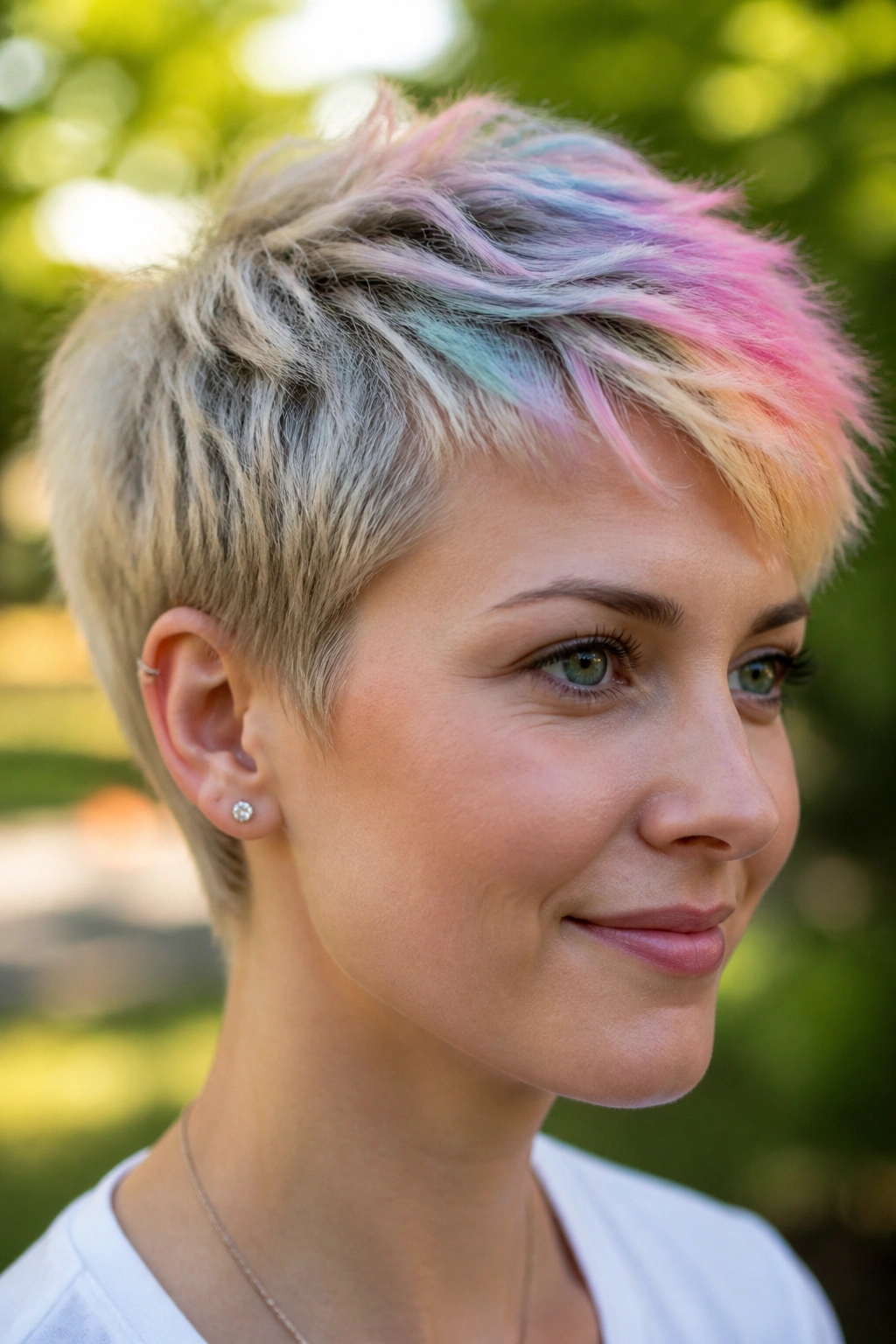 Close-up of a real woman with pastel rainbow tip pixie outdoors