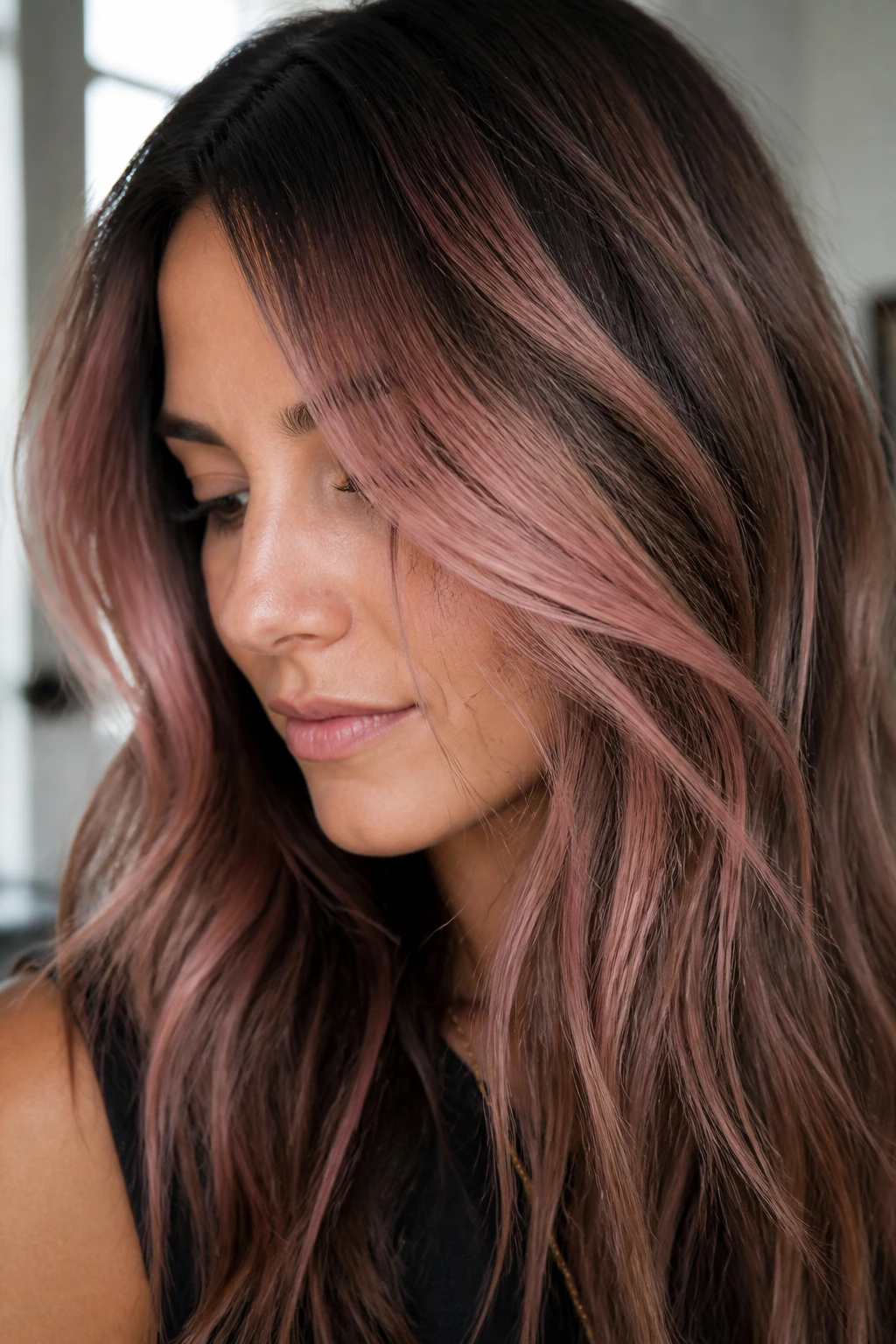 Close-up portrait of a real woman with pastel rose dust on lived-in brown hair.