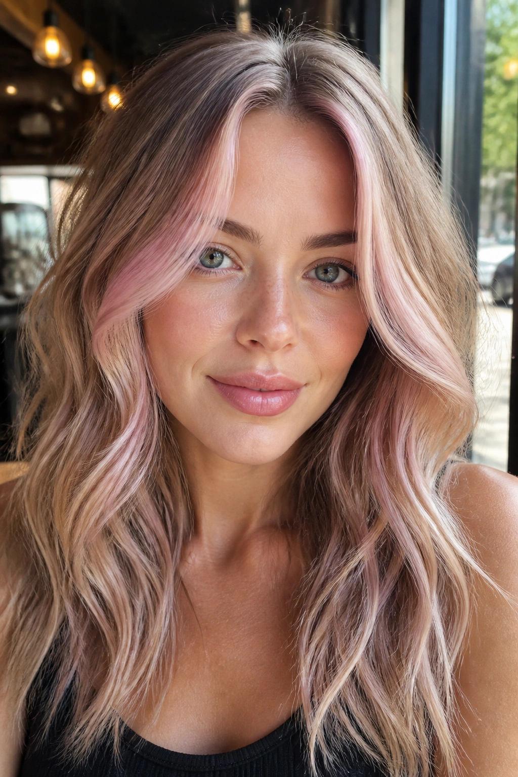 Close-up of a real person with lighter front money pieces in pastel rose shade