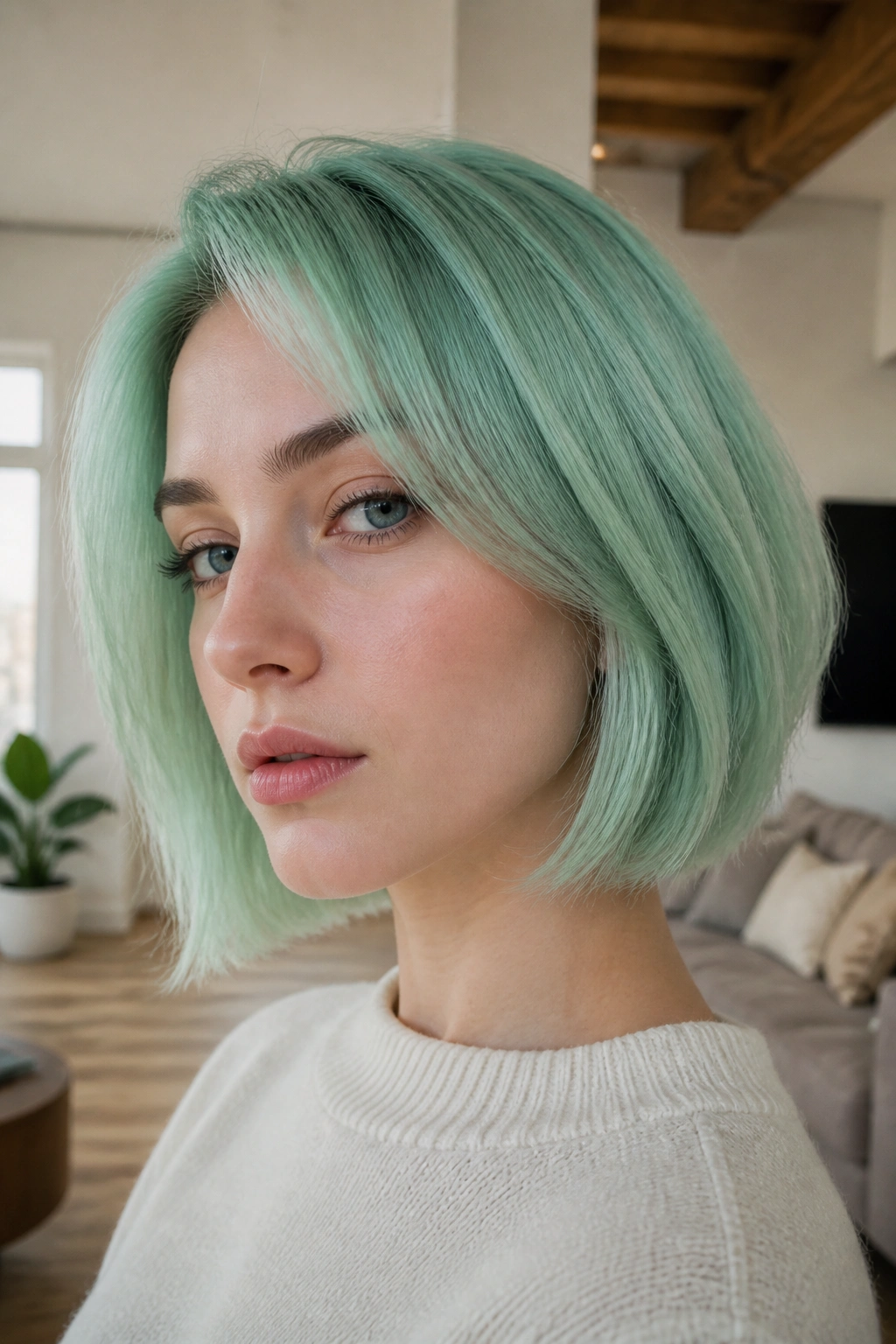 Close-up of pastel seafoam bob on a real person