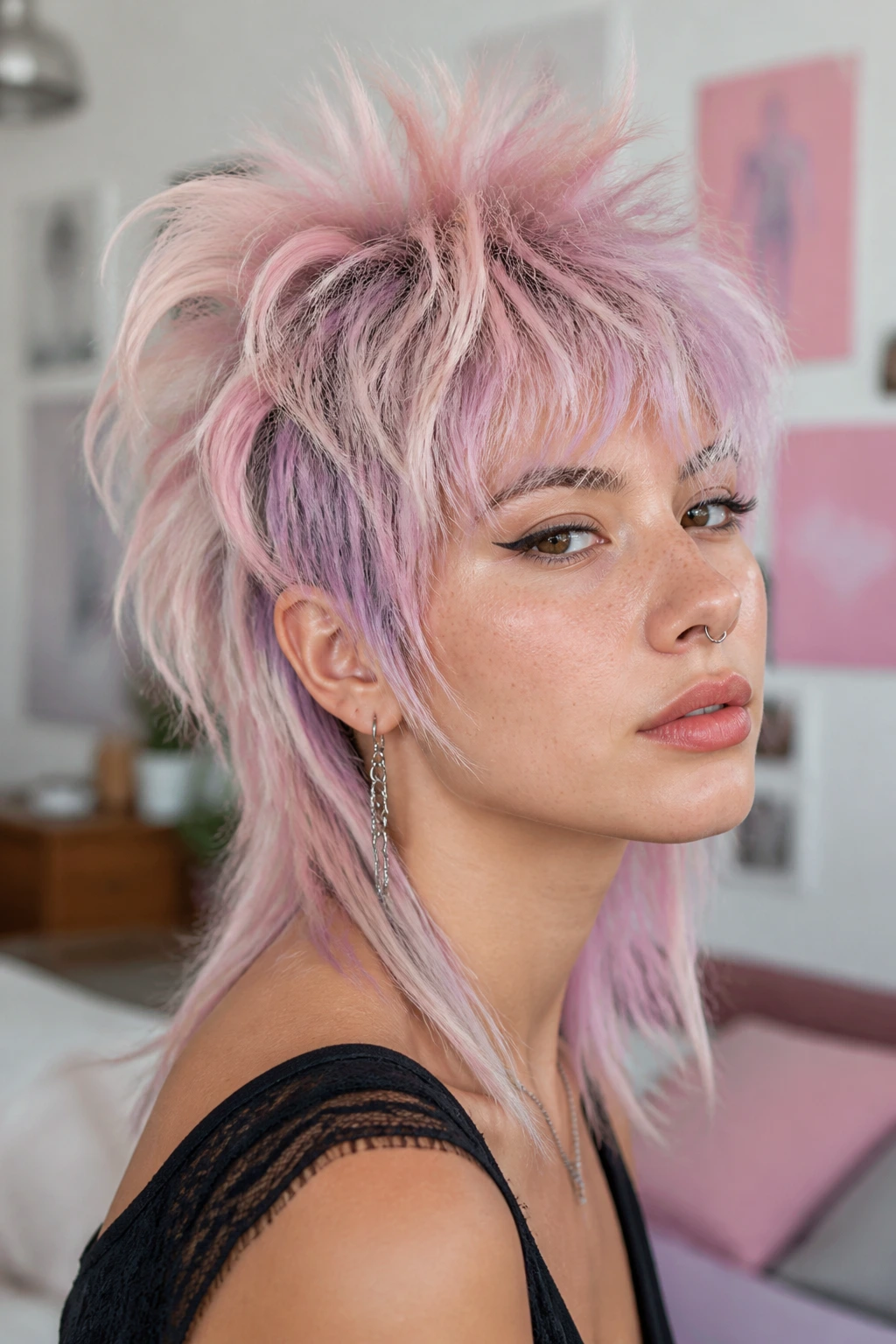 Close-up of real person with pastel shag mohawk in pastel tones