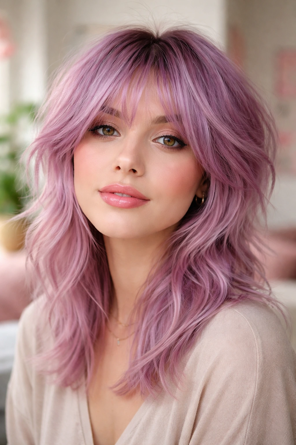 Close-up of real woman with pastel shag hair color