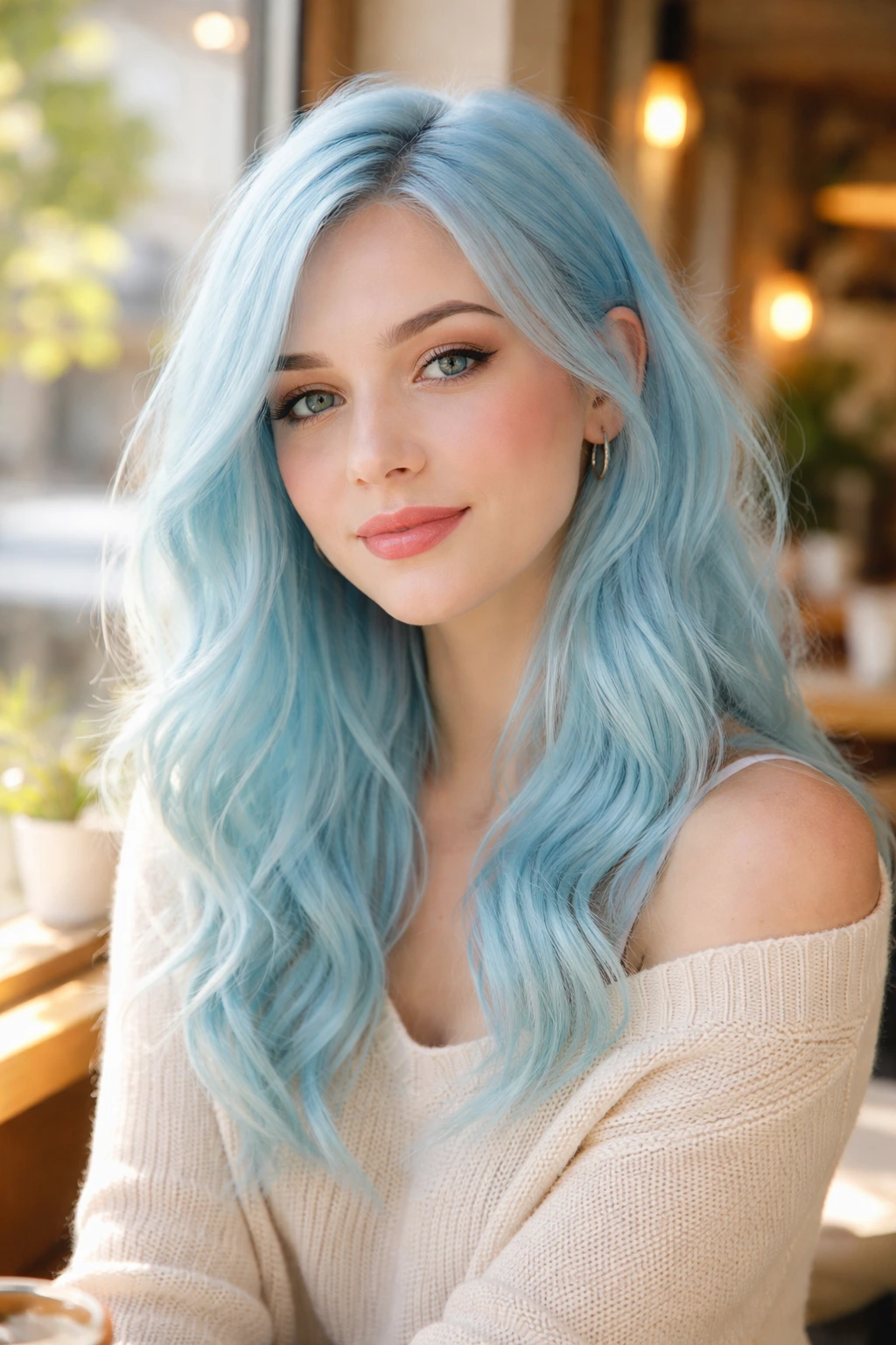 Close-up portrait of a real person with pastel sky blue hair in bright light