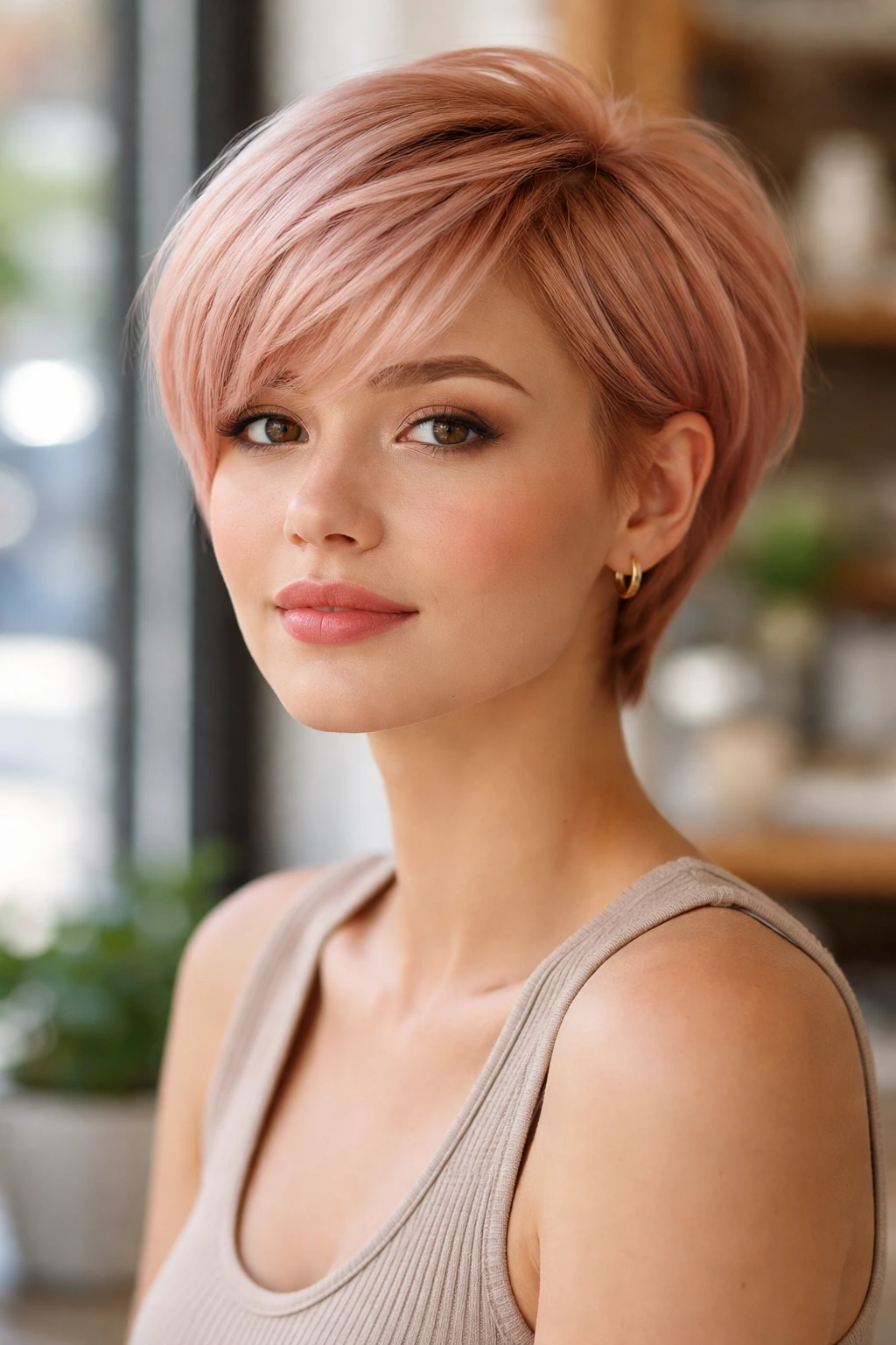 Close-up portrait of a real woman with a sleek pastel strawberry bob-pixie in a bright cafe setting.