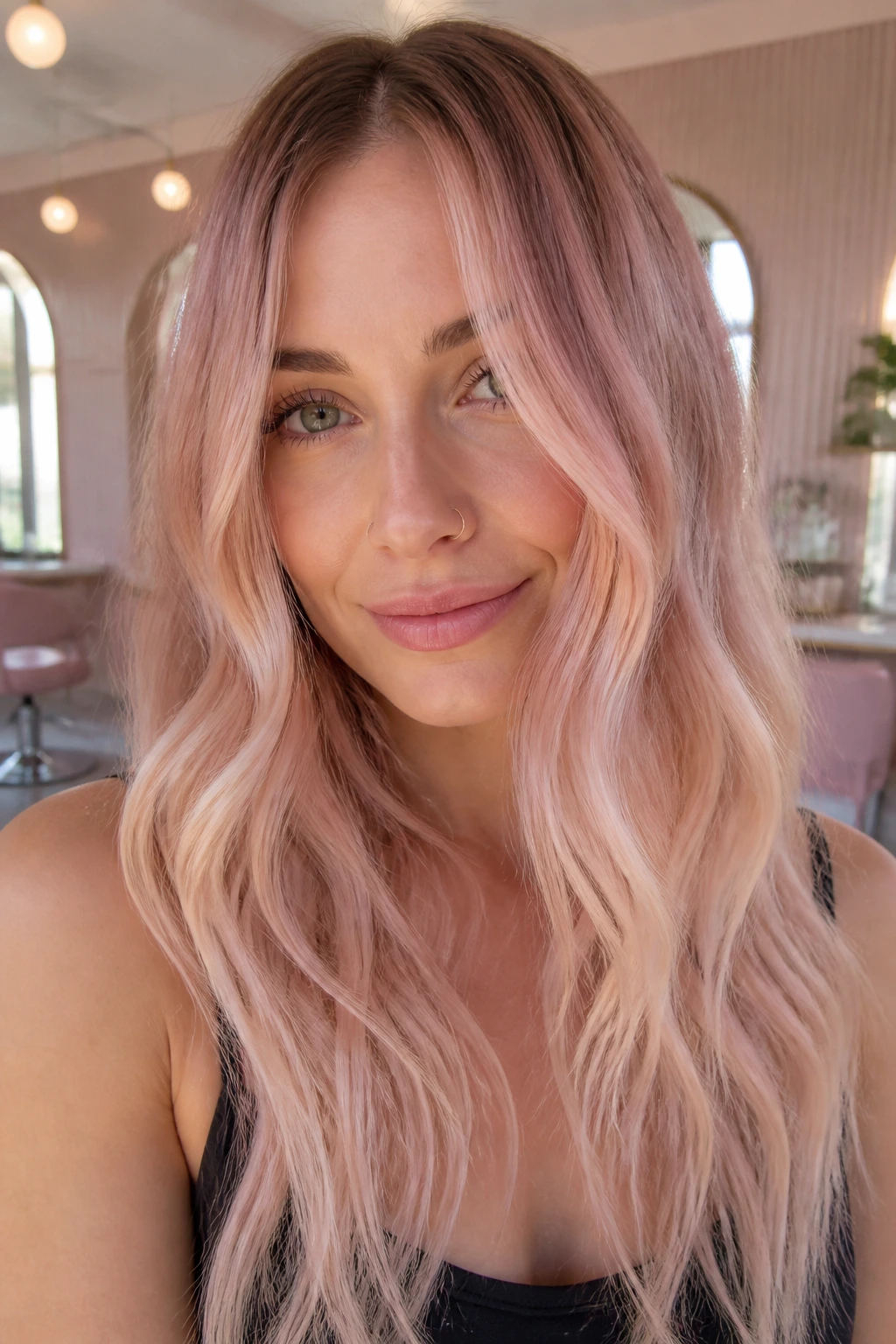 Close-up of a real woman with pastel strawberry fades on brown hair