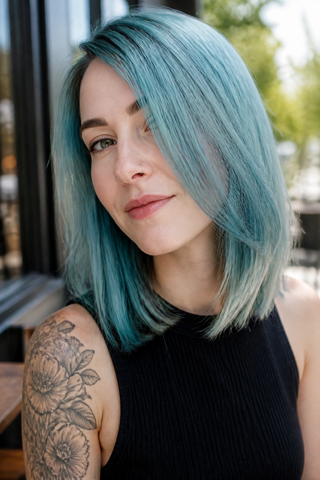 Close-up portrait of a real woman with pastel teal hair outdoors.