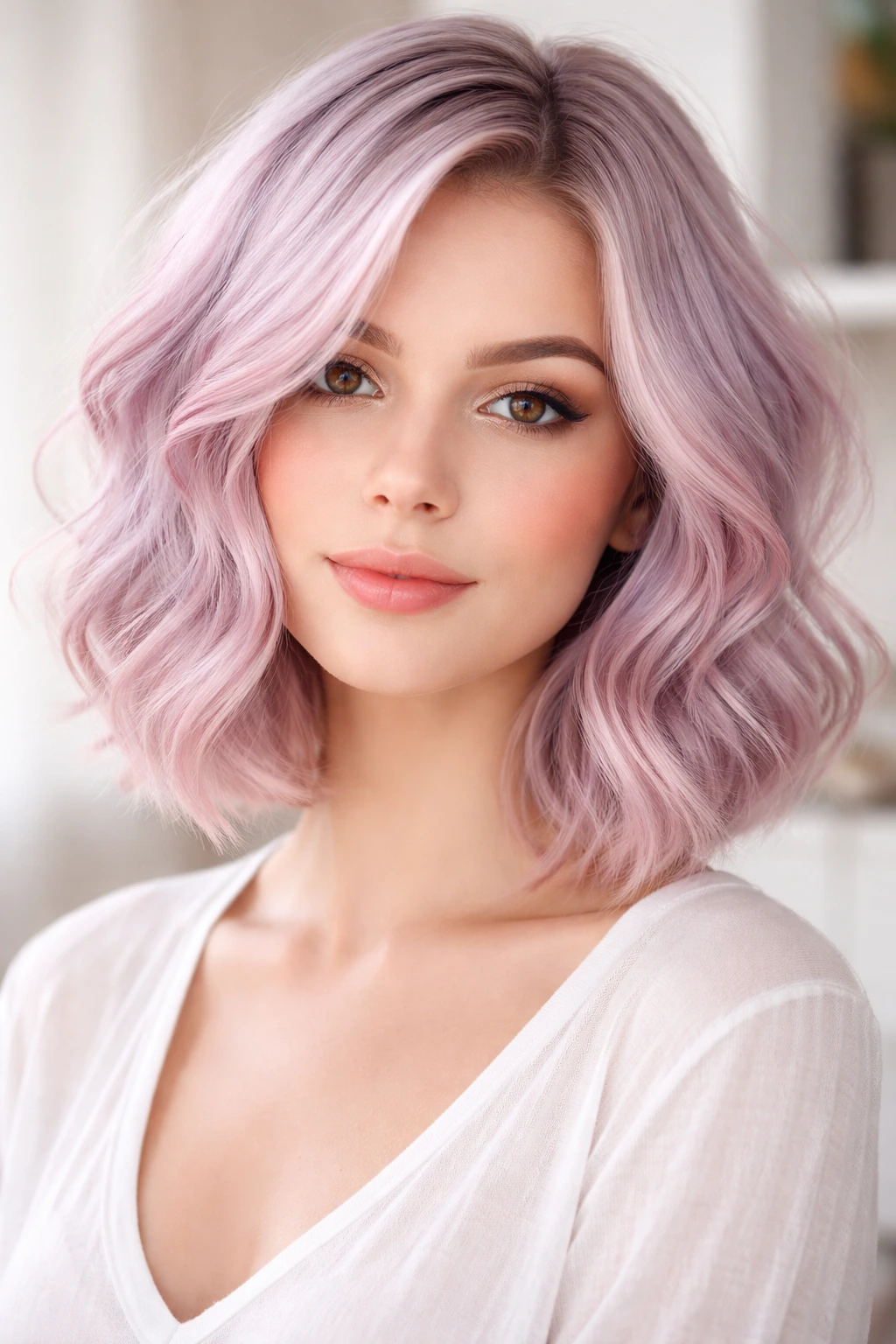 Close-up portrait of a real woman with pastel pink and lavender hair tones.