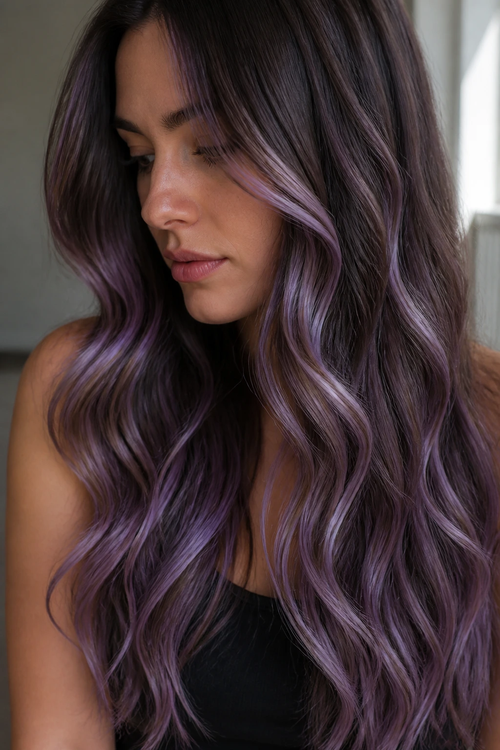 Close-up of a real woman with long waves showing pastel violet ribbon highlights