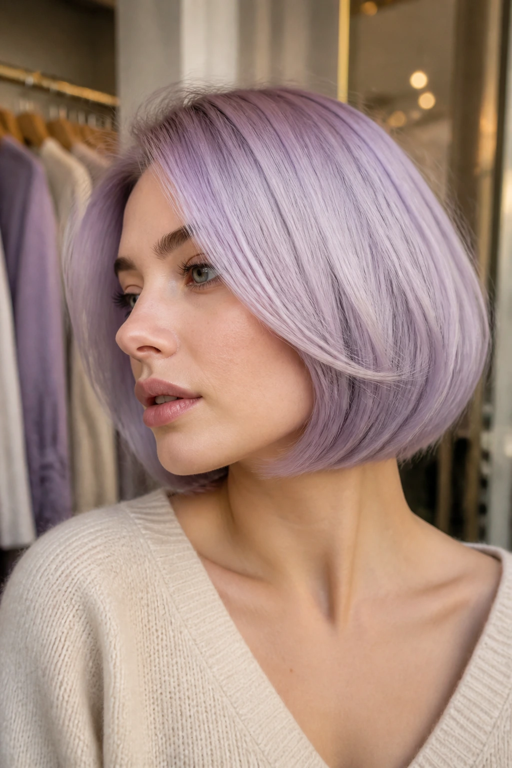 Portrait of a real woman with pastel violet rounded bob
