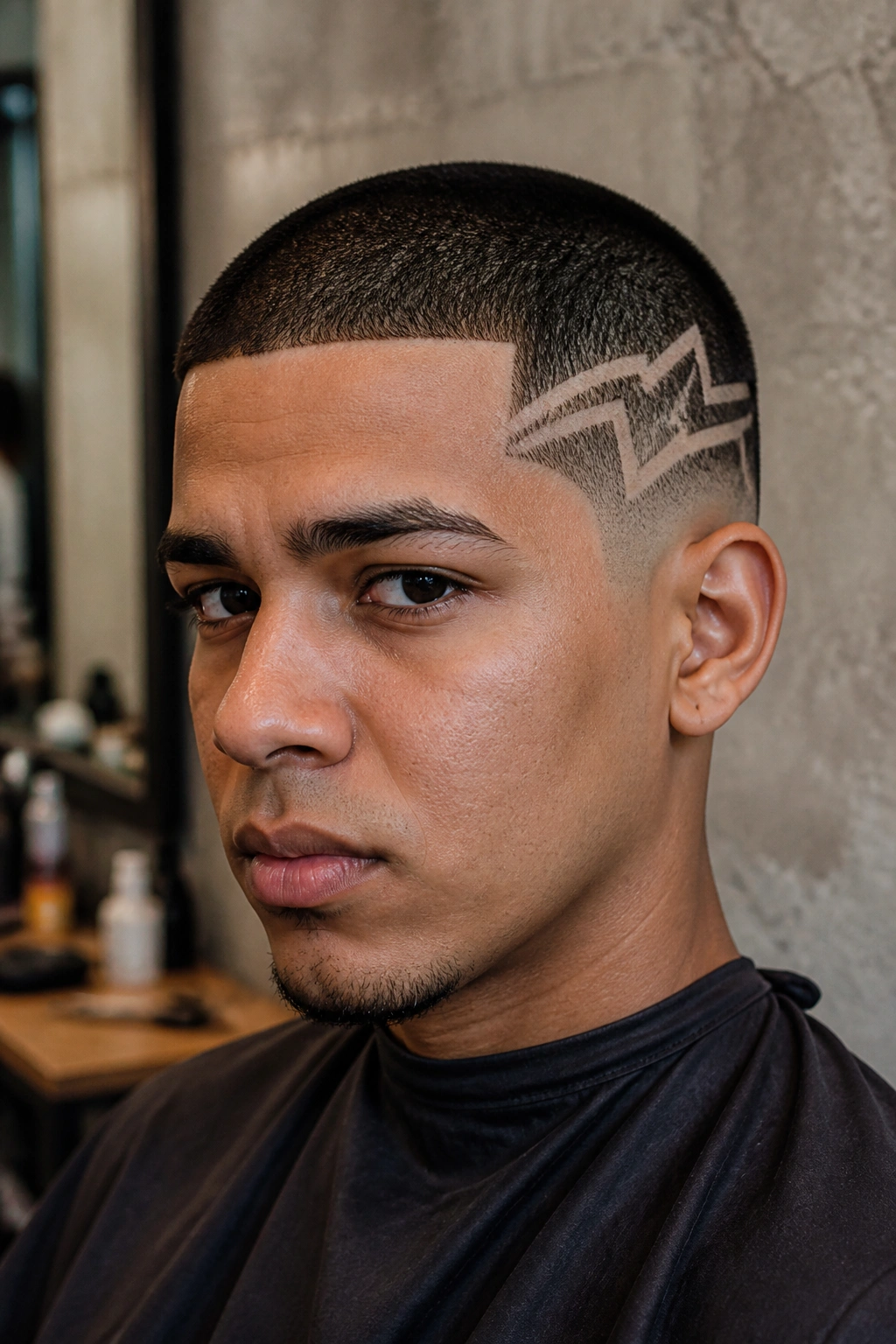 Close-up portrait of a real person with a patterned buzz cut and geometric lines in an urban salon setting.