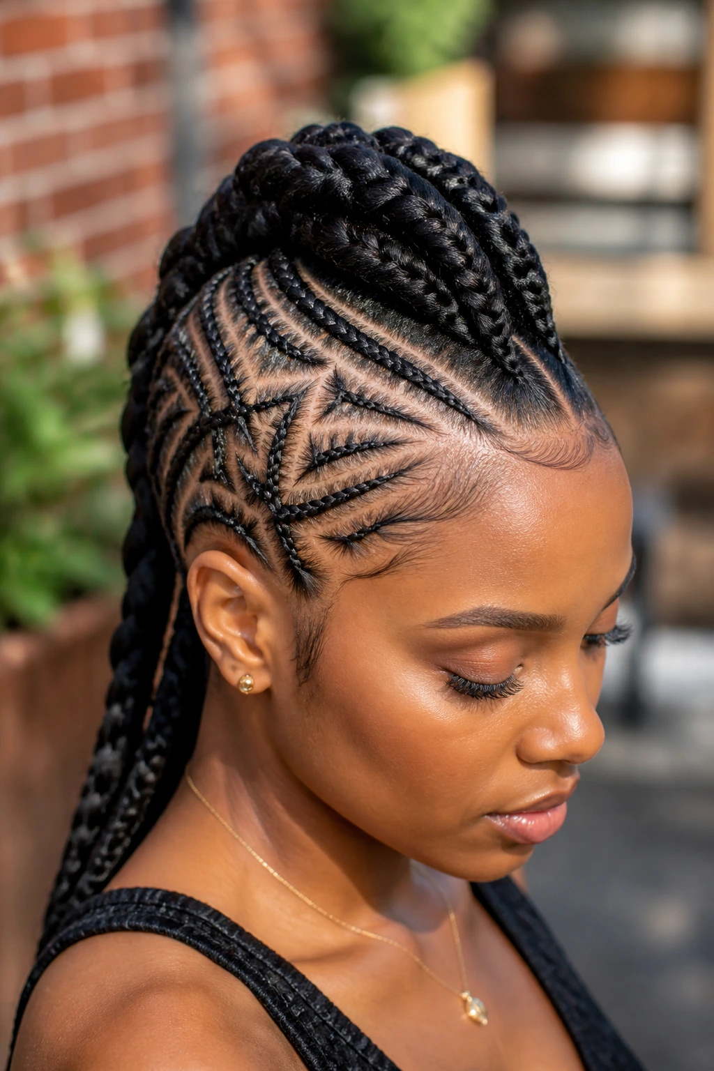 Close-up of real person with patterned braids forming a Mohawk