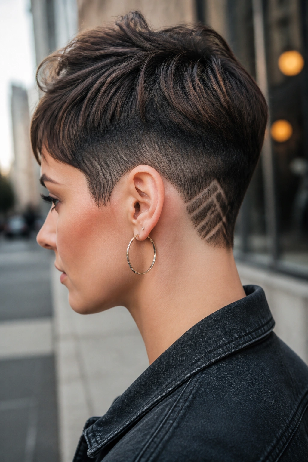 Close-up portrait of a woman with patterned undercut pixie and hidden edge.