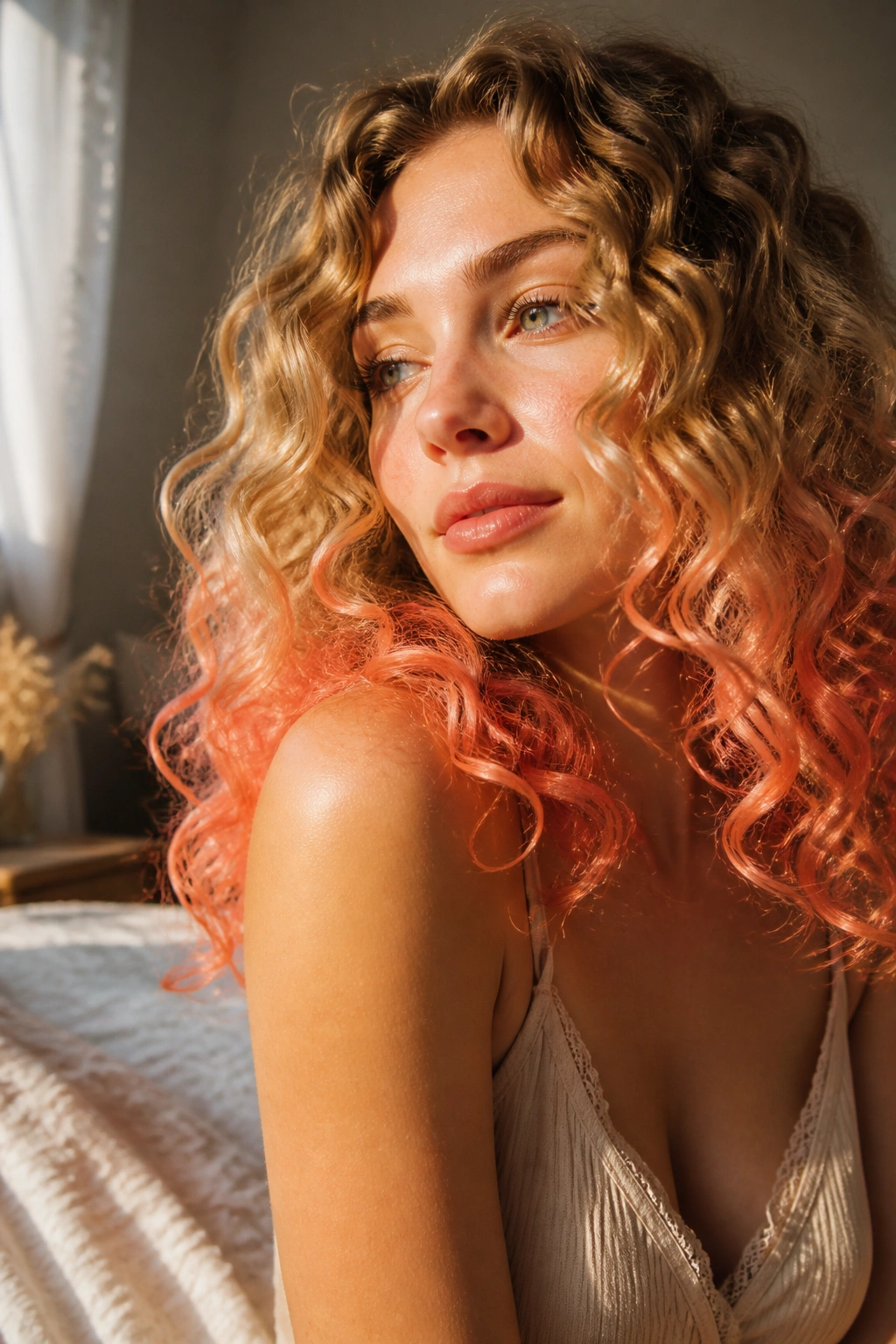 Close-up of real woman with peach and apricot ends on soft curls in warm sunset light