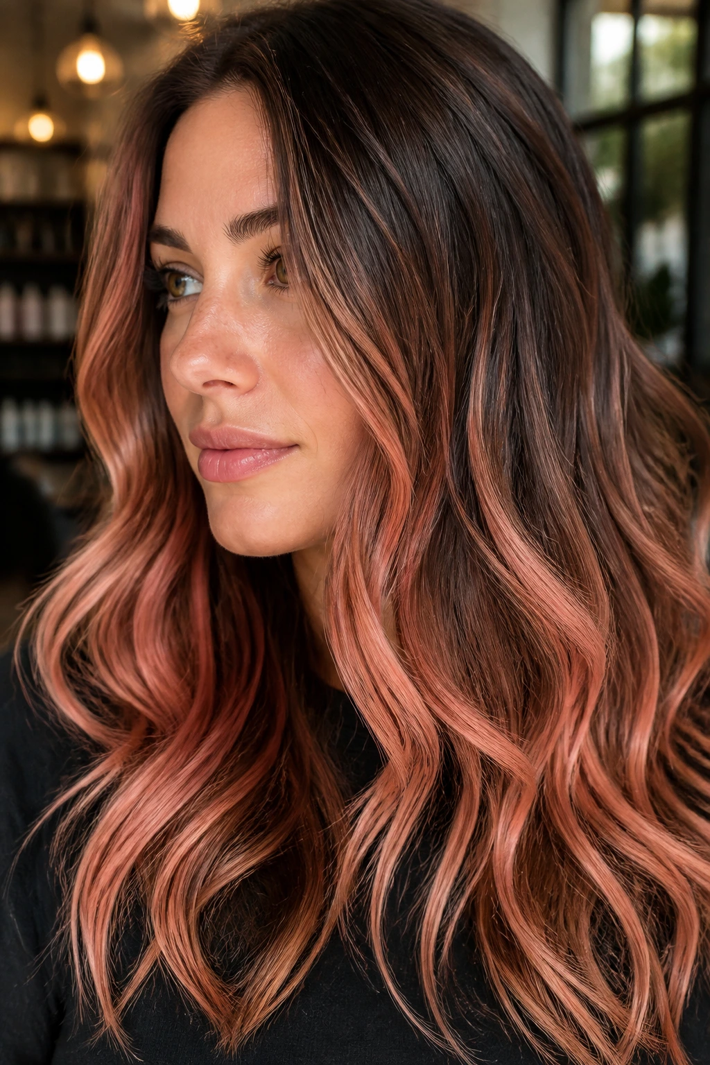 Close-up of chestnut brown hair with peach balayage in loose waves
