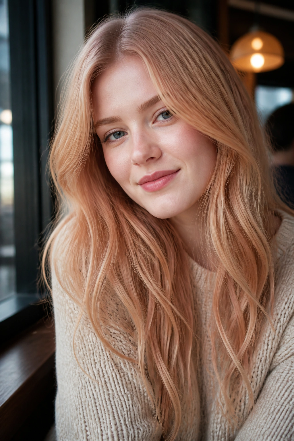 Close-up portrait of a real woman with peach-beige strawberry blonde hair