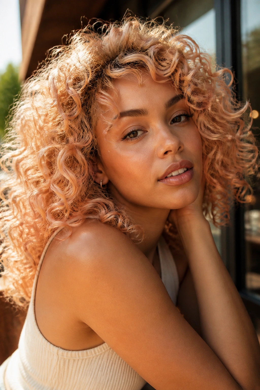 Close-up of a real woman with peach-blonde curls and peach tones
