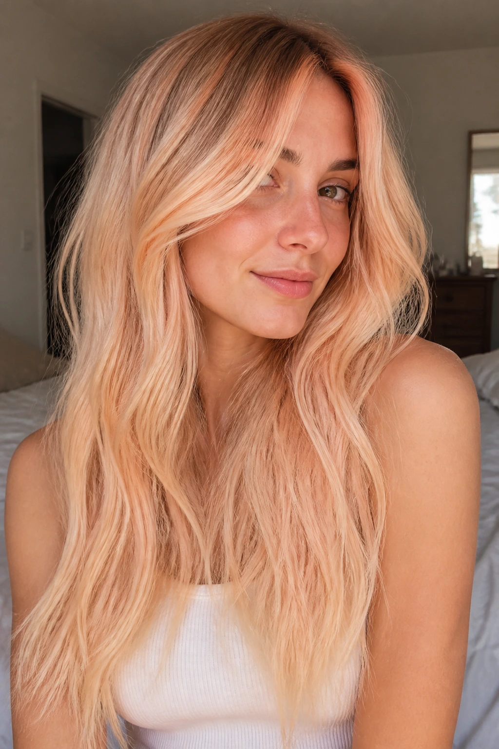 Close-up of a real woman with soft peach blonde fade on long hair in warm window light