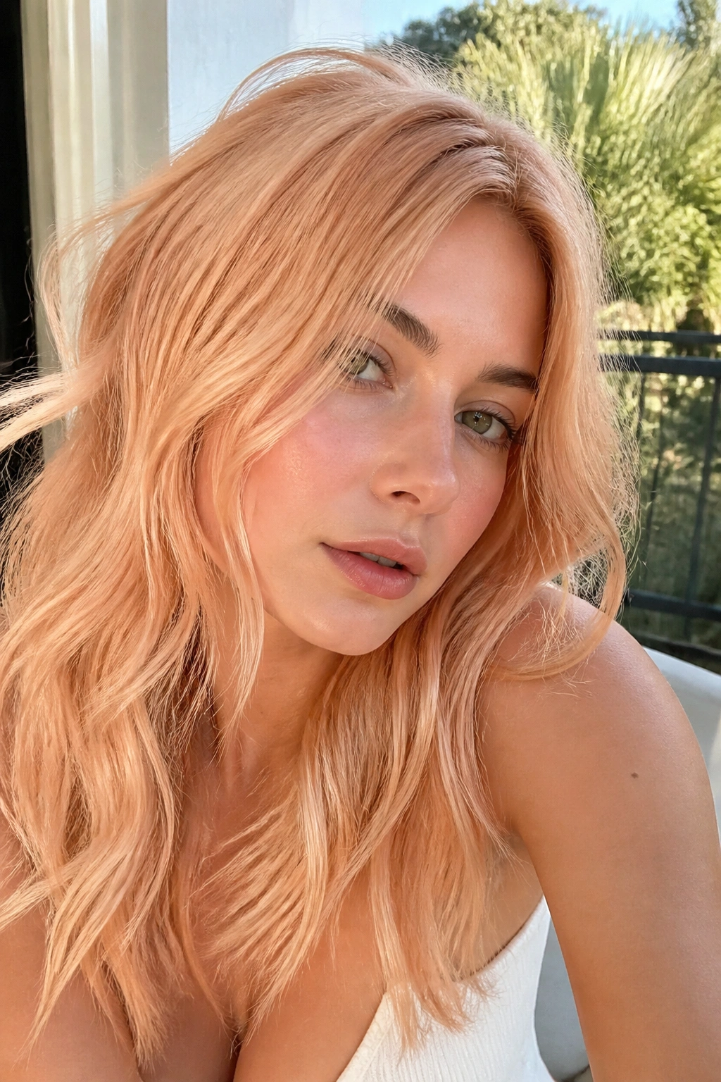 Close-up portrait of a real person with peach blonde hair in natural light
