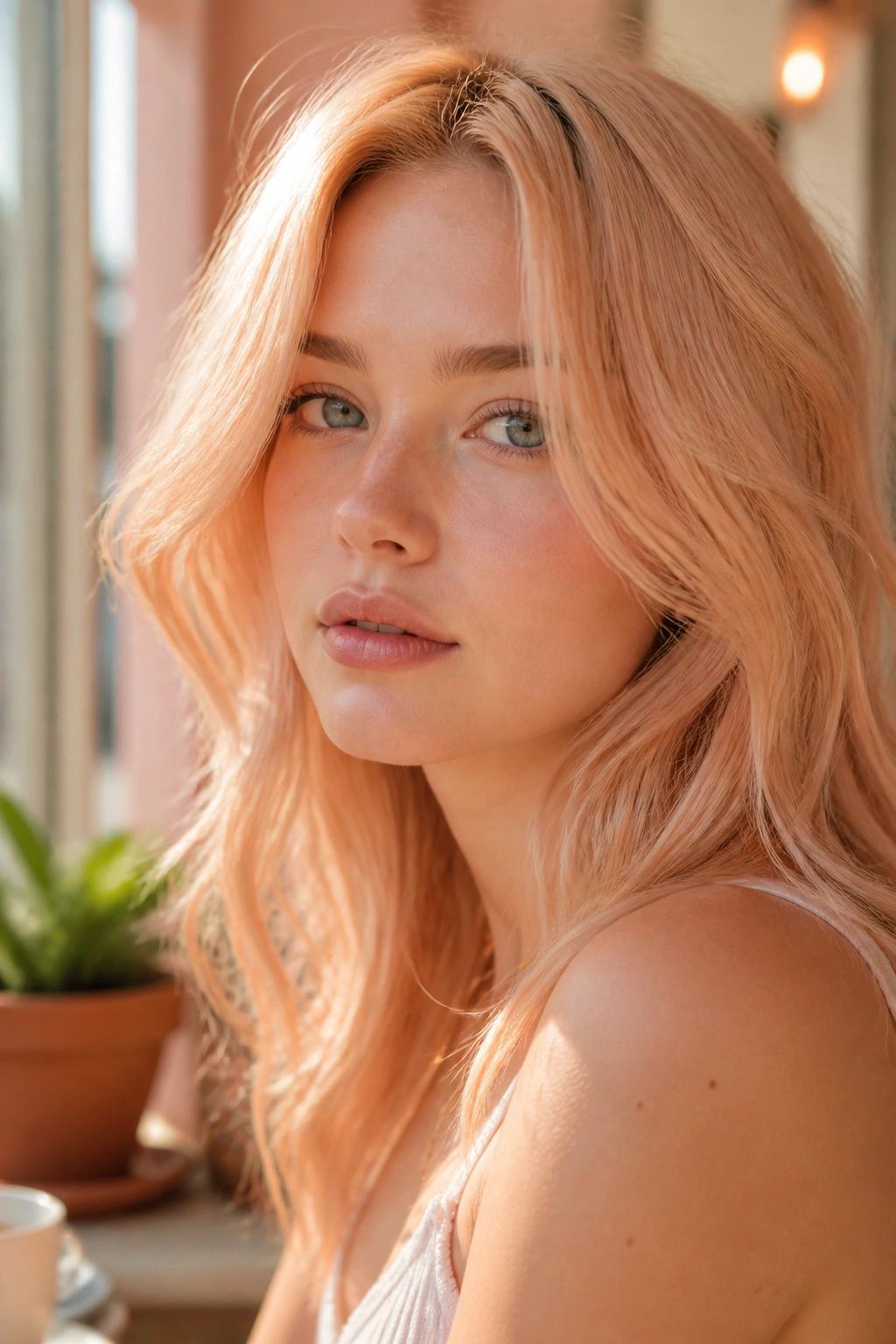 Close-up of a real woman with peach-blonde hair in a sunlit cafe