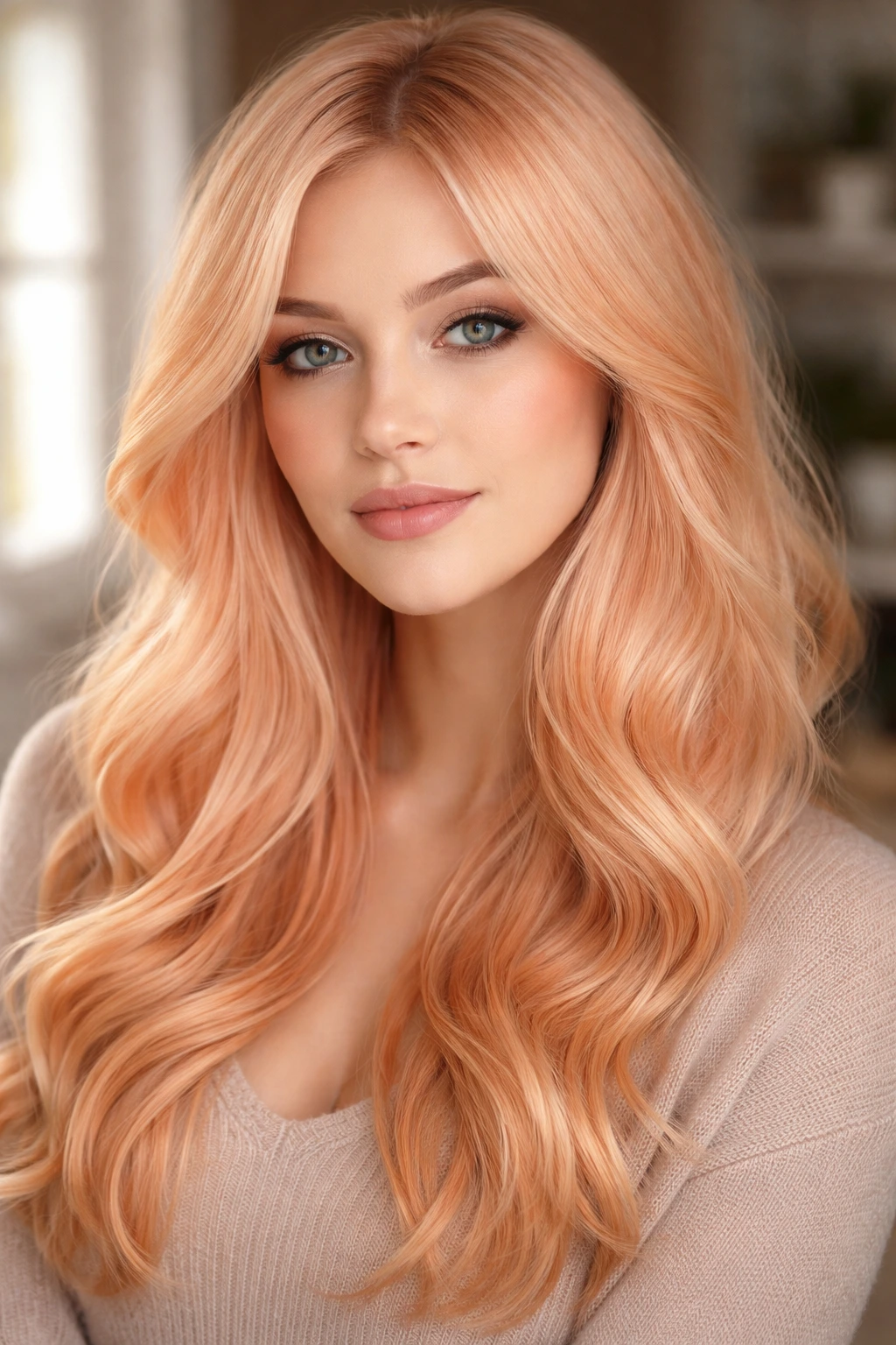 Close-up of a real woman with peach-toned blonde hair in soft window light