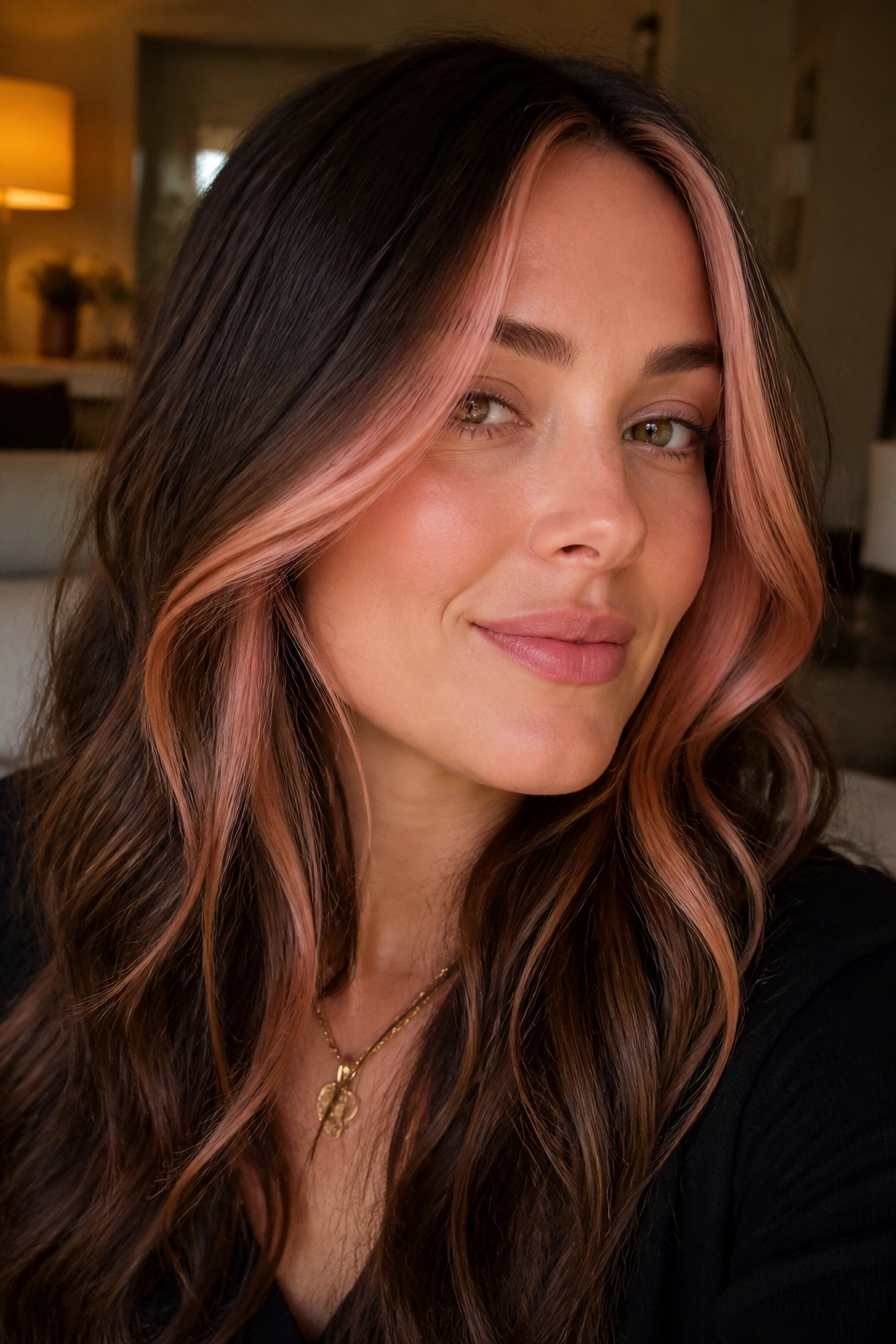 Close-up portrait of peach blush face frame on brown hair