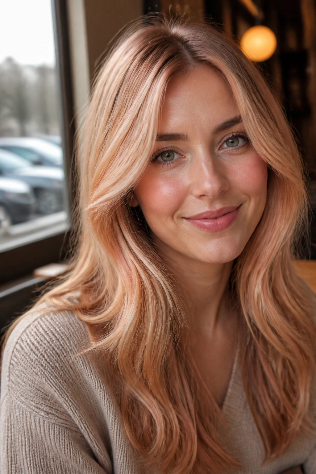 Close-up of a real woman with champagne blonde and soft peach face framing