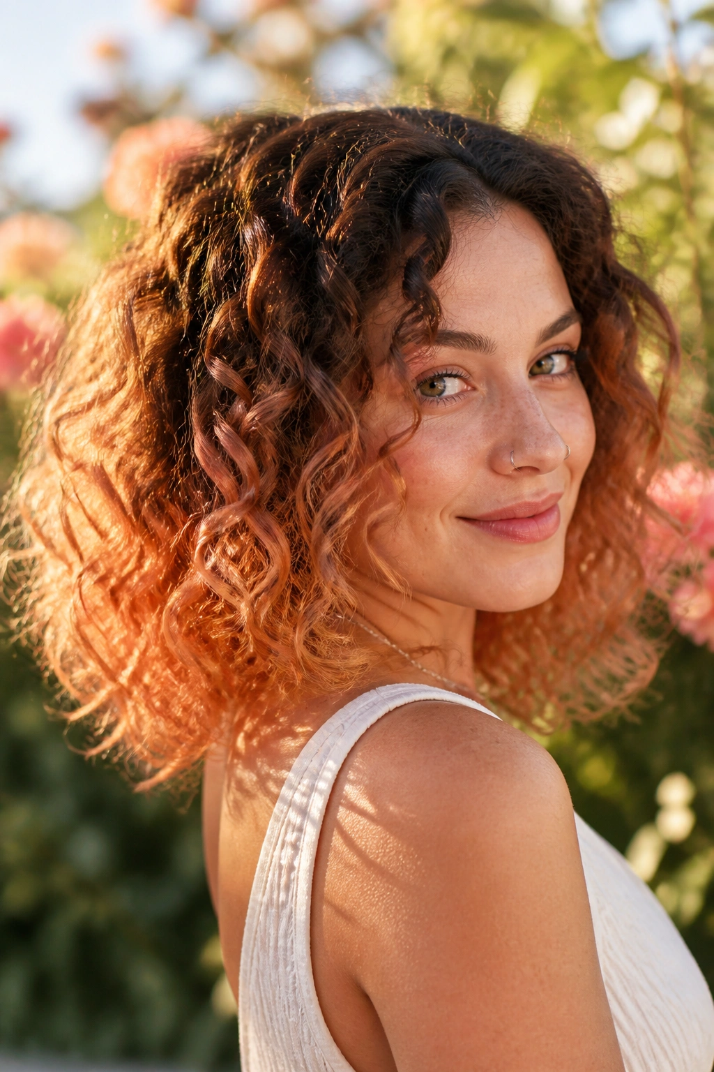 Medium close-up of a shoulder-length curly hairstyle with peach to copper ends.