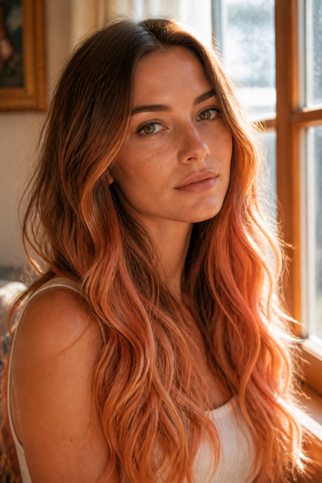Close-up portrait of a real woman with peach cobbler ombre on long hair in sunny window light