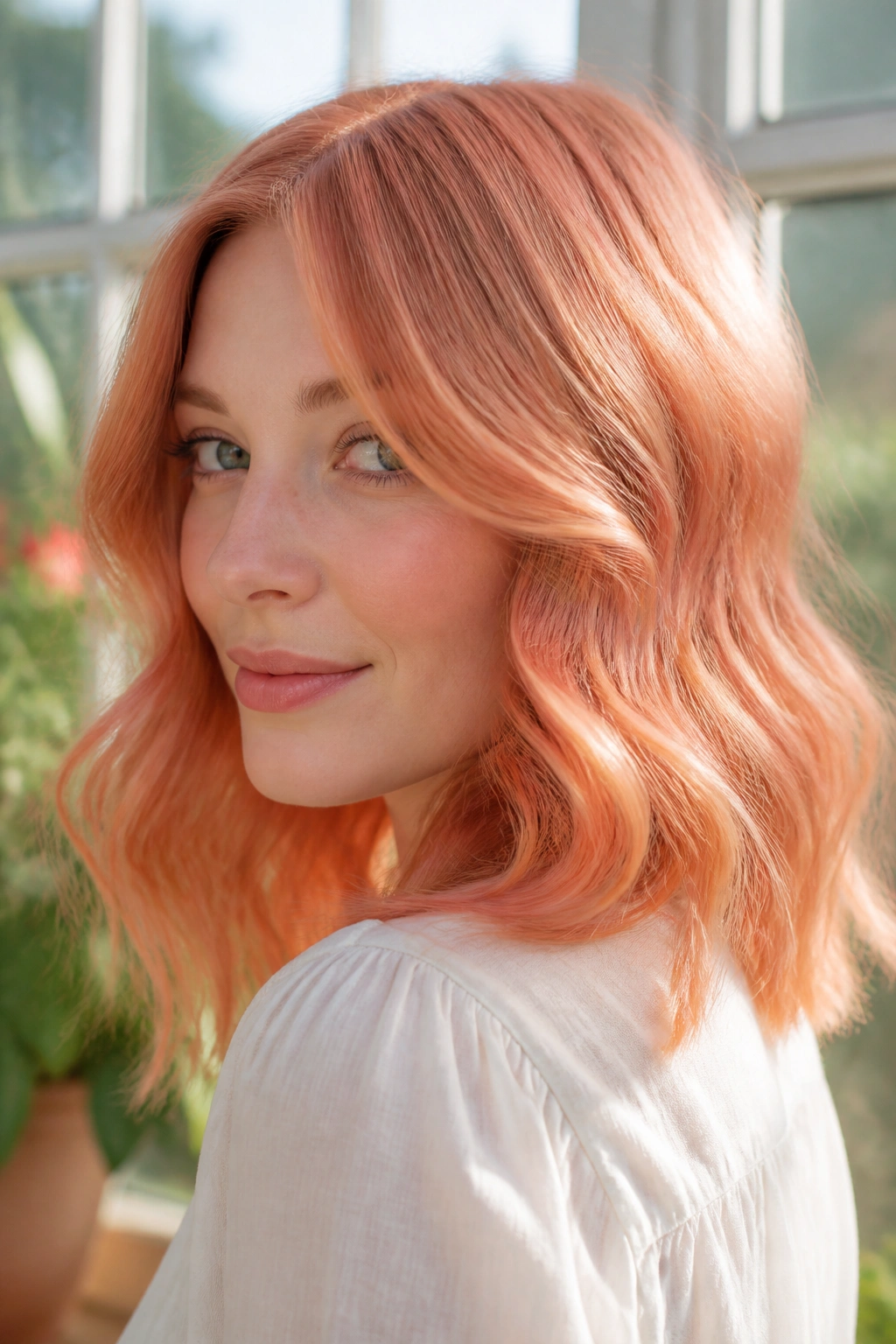 Close-up of a woman with peach copper hair in warm sunlight.