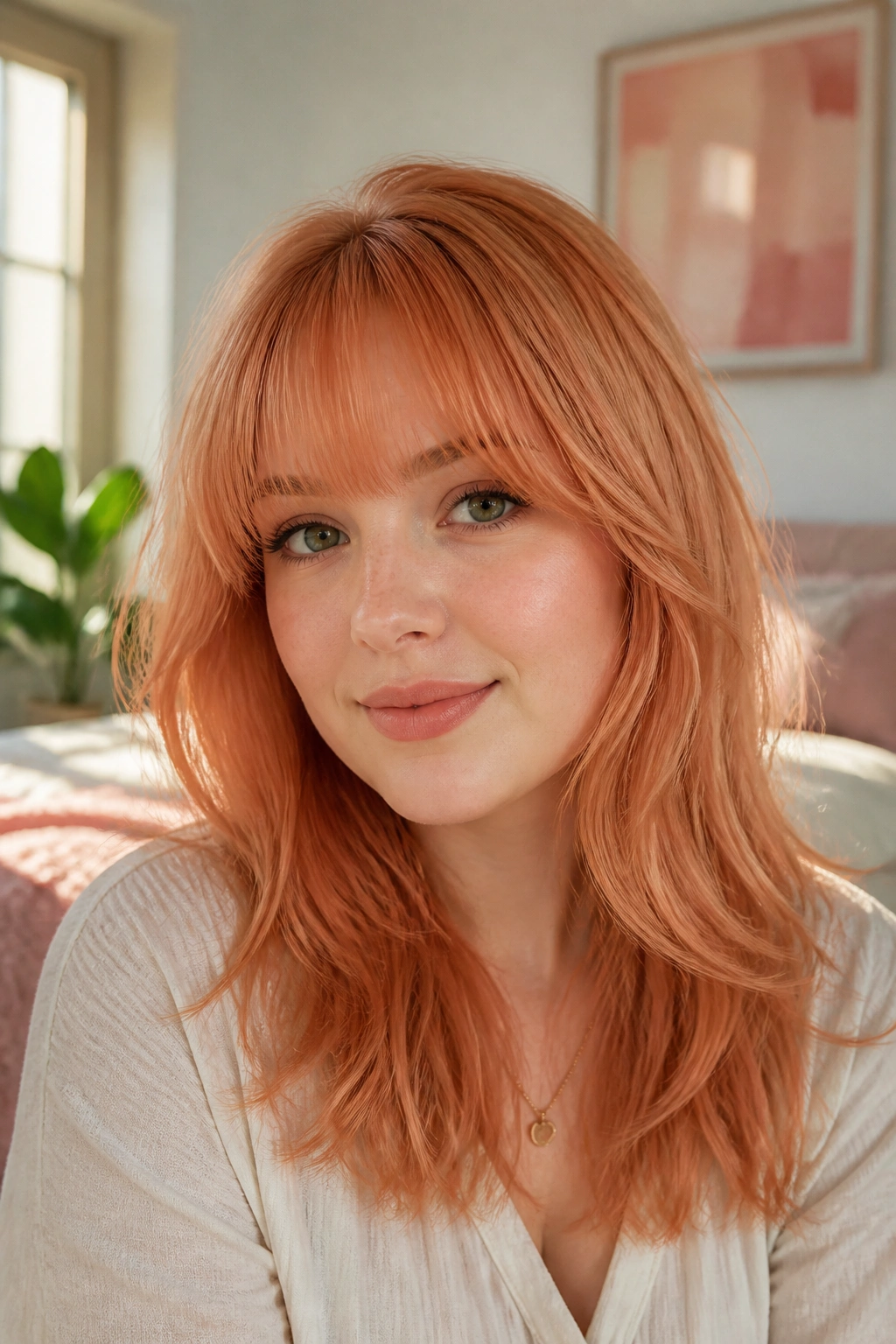 Close-up of a woman with peach copper hair and a wispy fringe