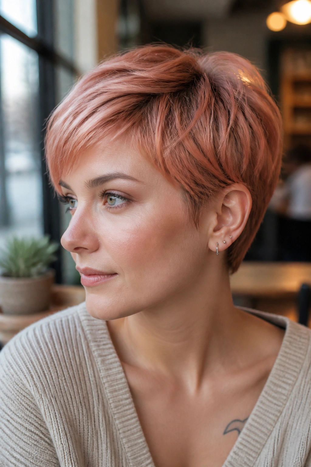 Close-up of a peach copper pixie haircut on a real person