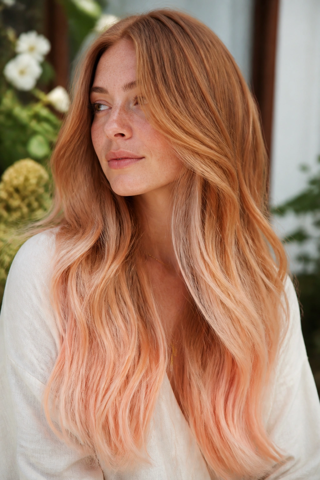Close-up of long hair with peach cream ends and strawberry glaze