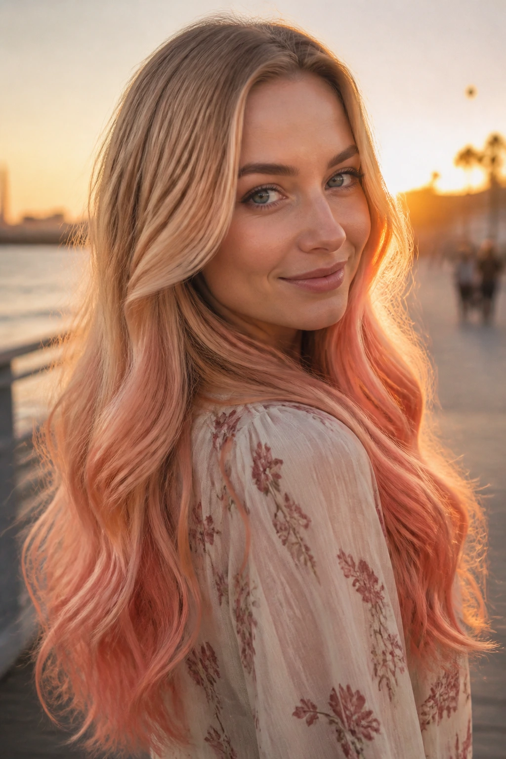 Long waves with sunset peach ombre and soft ombre drop on ends.
