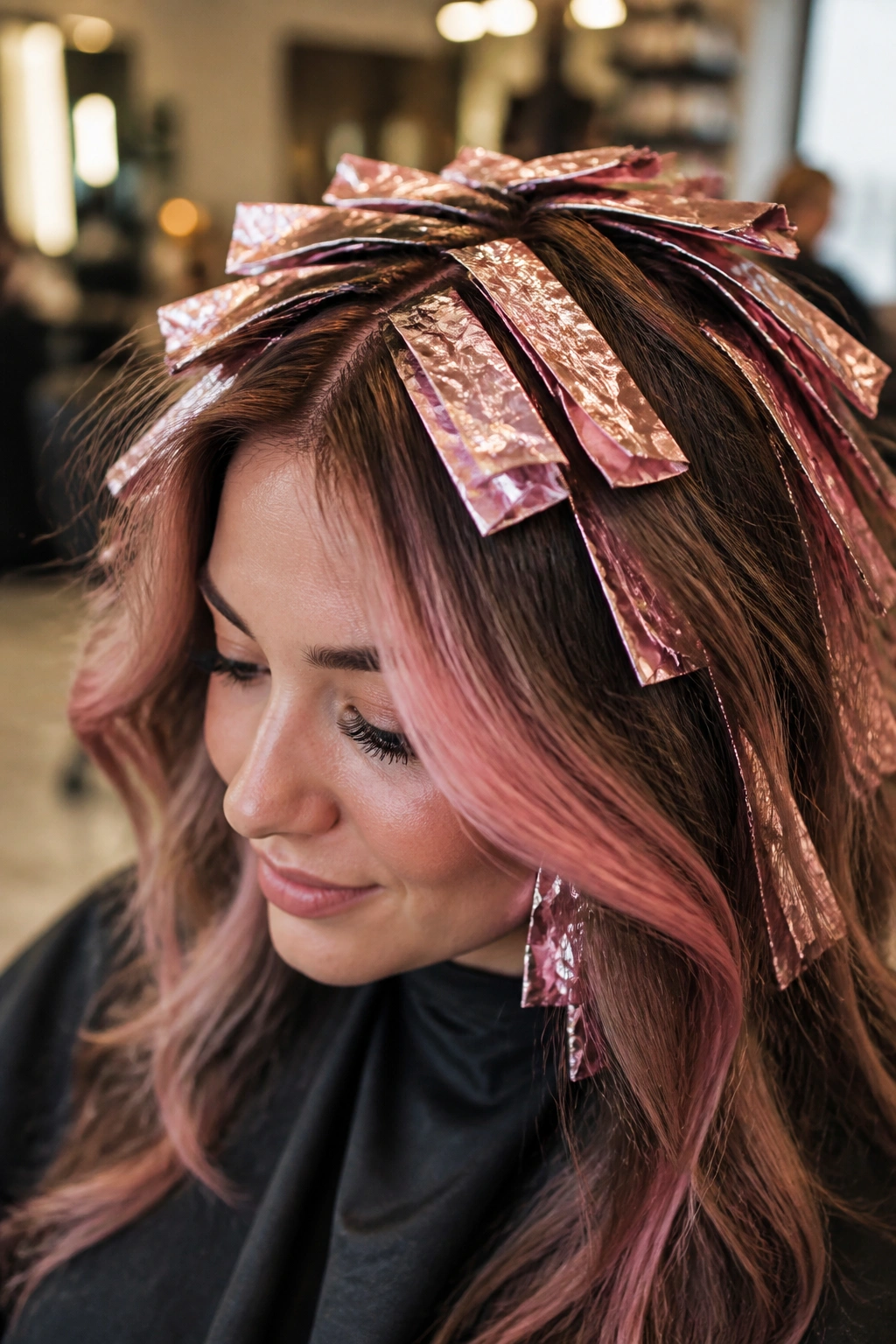 Brunette with peachy pink foils around crown