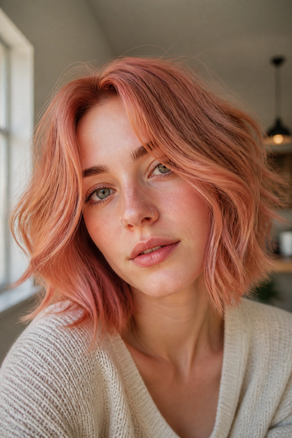 Close-up of a real person with peach-rose copper hair and glossy shine.