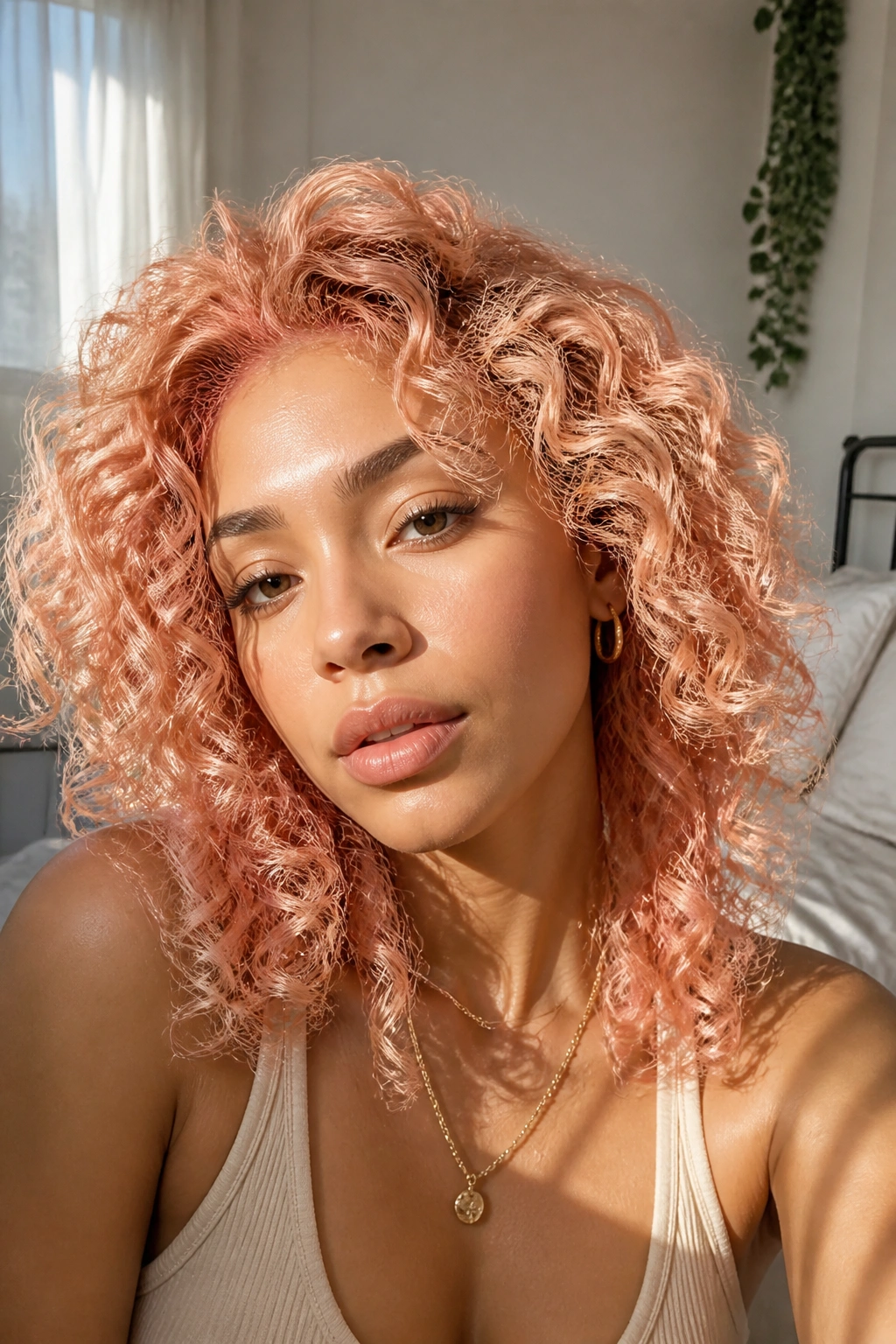 Close-up of a person with peach rose gold hair color in warm light