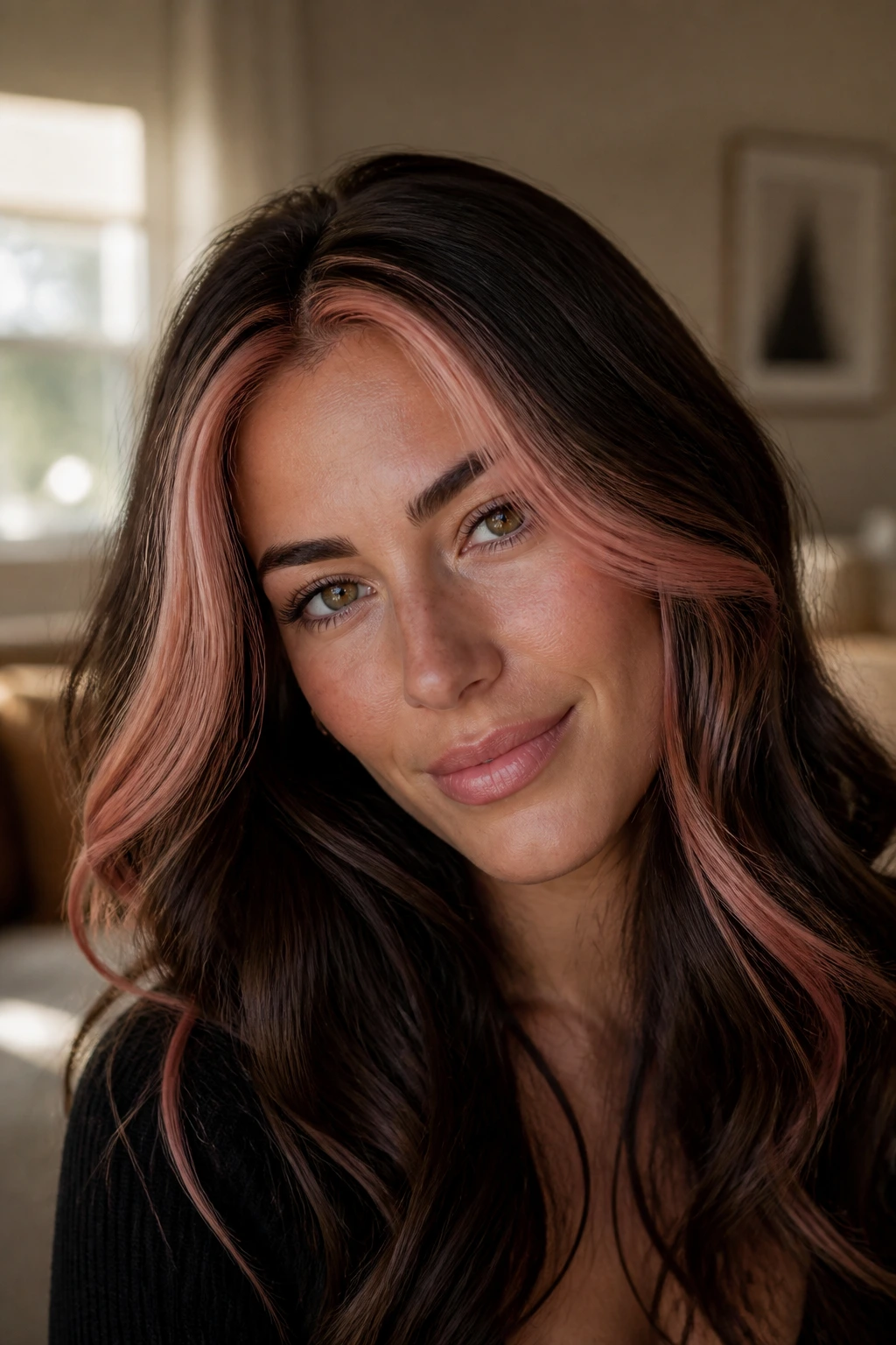 Close-up portrait of Peach Rose Money Piece on Dark Brown Hair