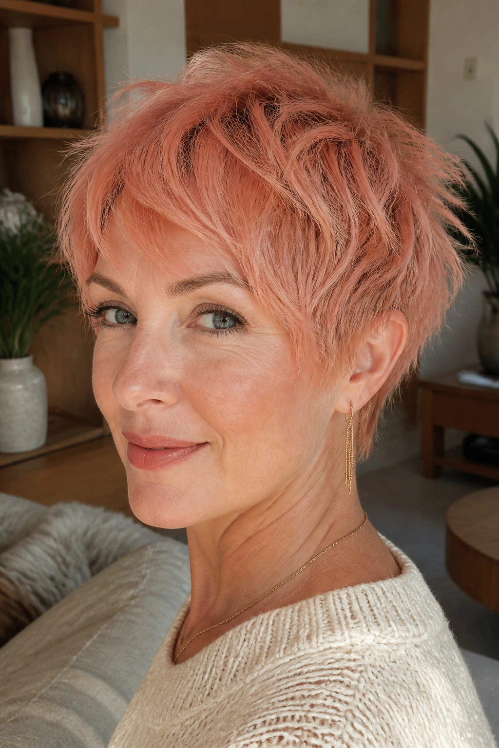 Real woman with peach shag pixie hairstyle in sunlit living room