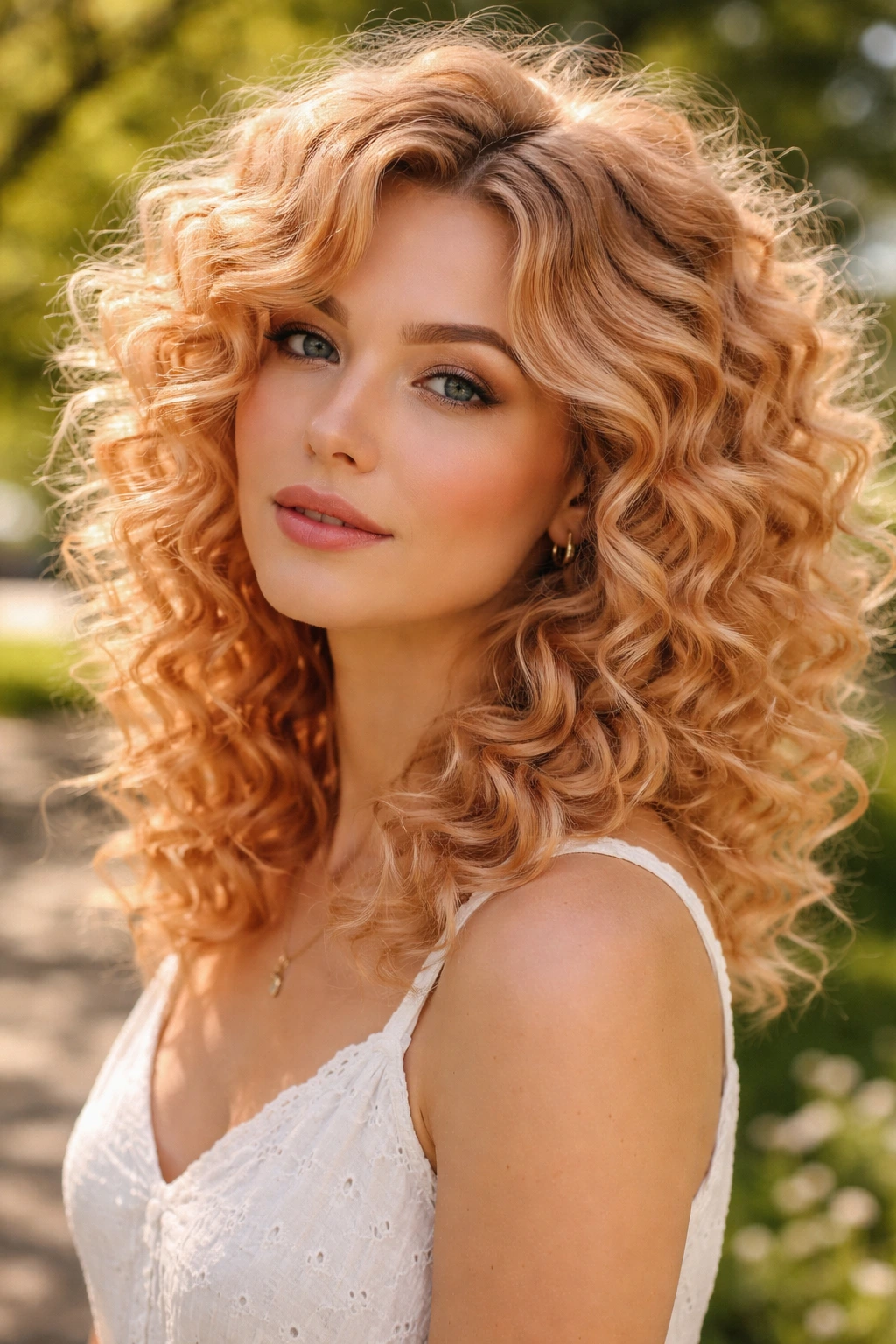 Close-up of a real person with peach sorbet blonde curly hair in natural sunlight
