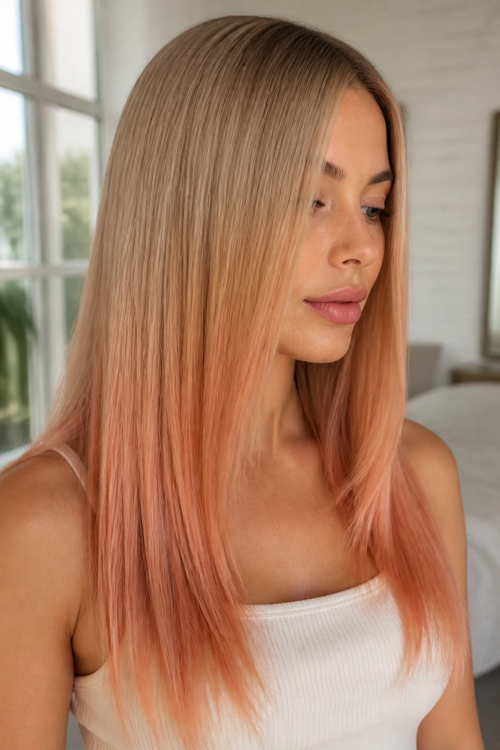 Real woman with straight hair in peach tea ombre from beige blonde to peach-strawberry.