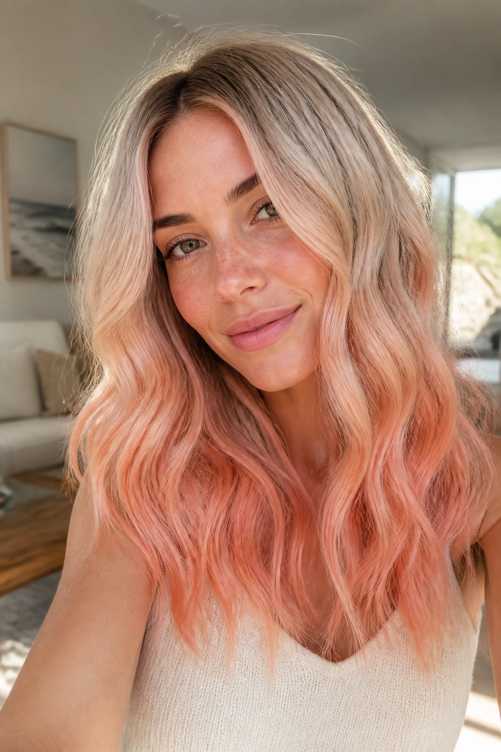 Peachy apricot ombre on wavy hair with peach ends and creamy roots