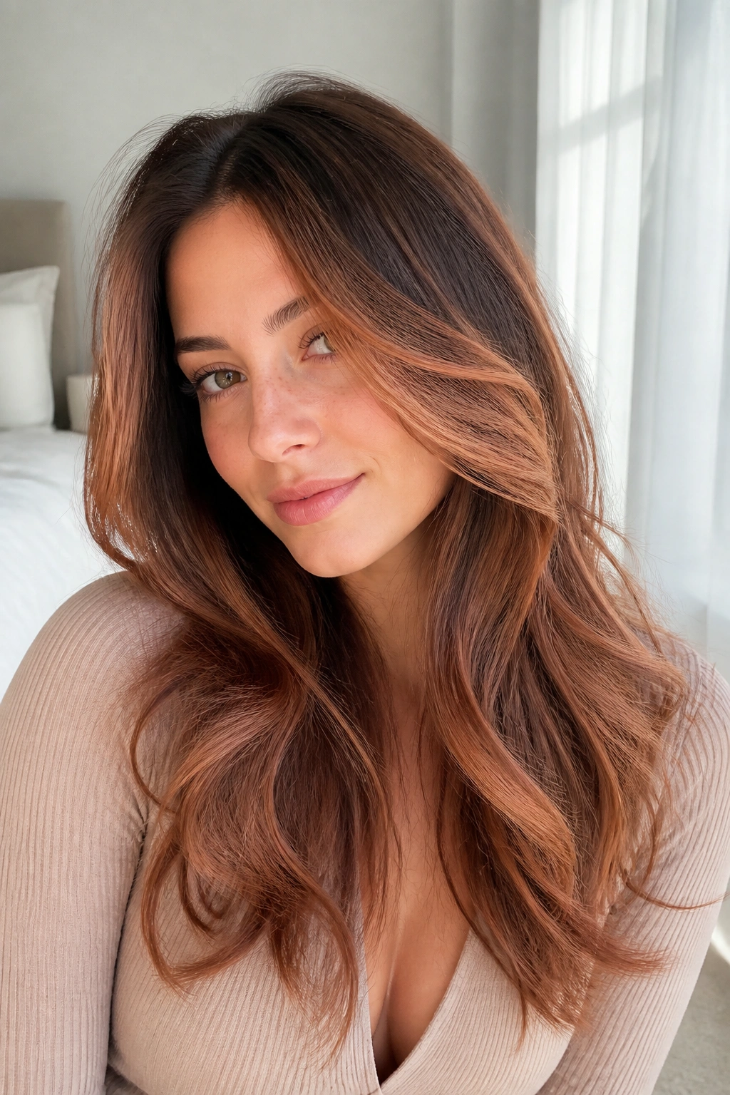 Close-up of layered brown hair with peachy strawberry balayage catching light