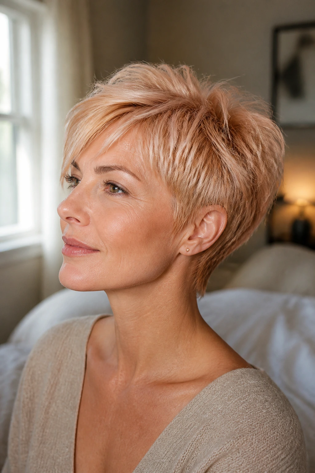 Close-up of a real woman with Peachy Blonde Pixie and a soft nape.