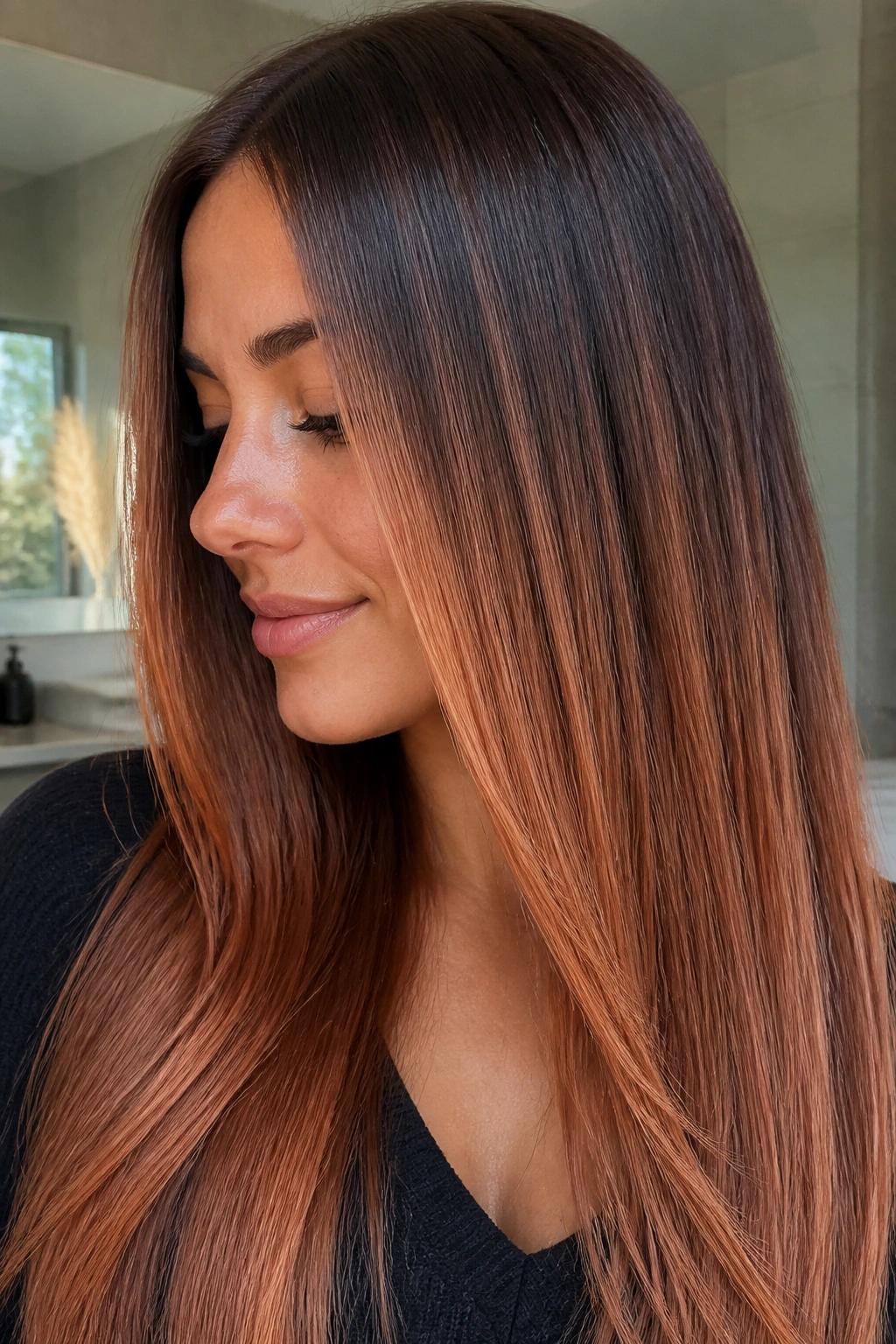 Close-up of a real woman with peachy bronze melt on straight brown hair