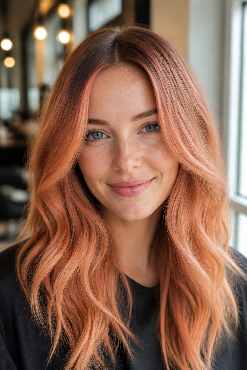 Close-up portrait of a real woman with peachy copper hair and shadow roots in warm natural light