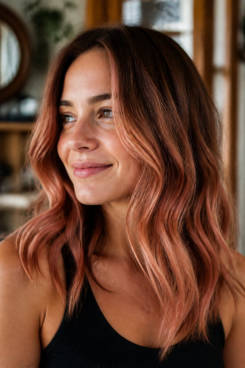 Close-up portrait of a real woman with warm brown hair featuring peachy pink balayage